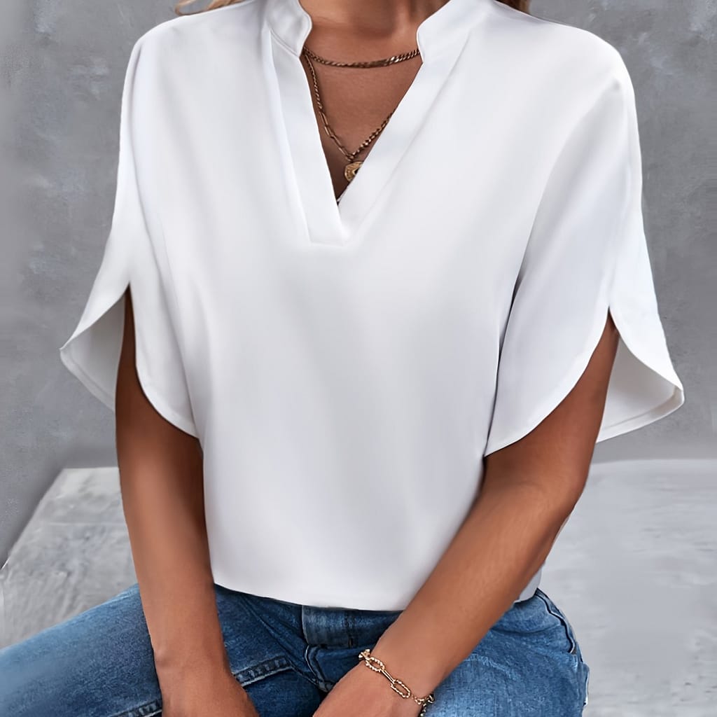 Solid Color Notch Neck Blouse, Casual Short Split Sleeve Blouse For , Women’s Clothing Blouses Shop Online at Dubai Trades 2