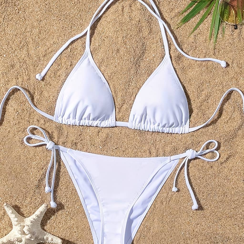 Solid Color Piece Set Bikini, Halter V Neck Tie Back Backless Tie Side High Cut Swimsuits, Women’s Swimwear & Clothing Bikinis Shop Online at Dubai Trades 2