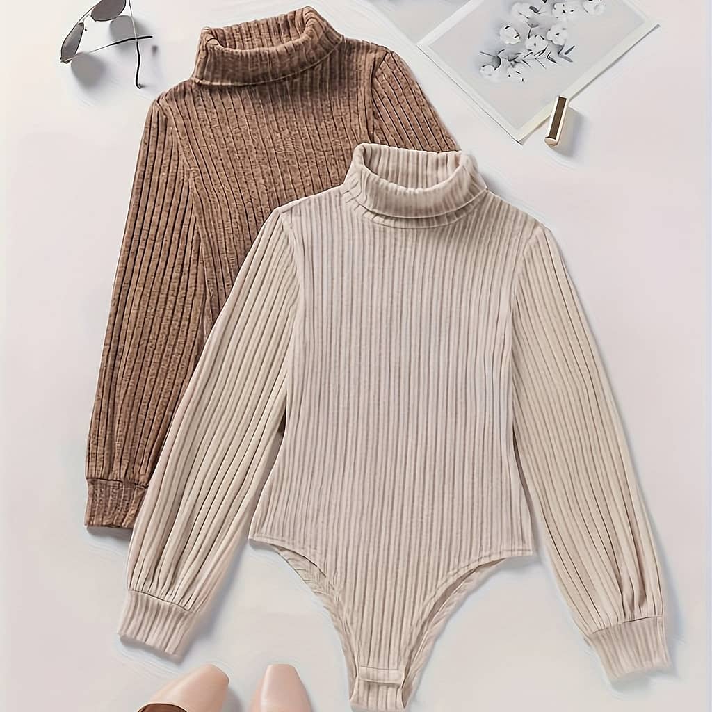 Solid Color Ribbed Bodysuit 2 Pack, Casual Turtle Neck Long Sleeve Bodysuit, Women’s Clothing Bodysuits Shop Online at Dubai Trades 2