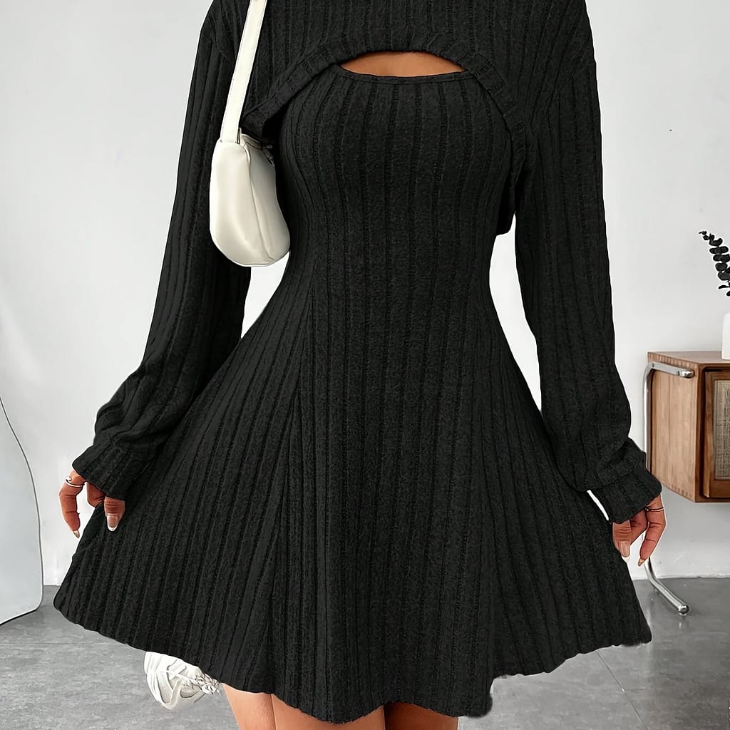 Solid Color Ribbed Dress Set, Long Sleeve Hoodie Shrug Top & Sleeveless Square Neck A-line Dress Outfits, Women’s Clothing Clothing Shop Online at Dubai Trades 2