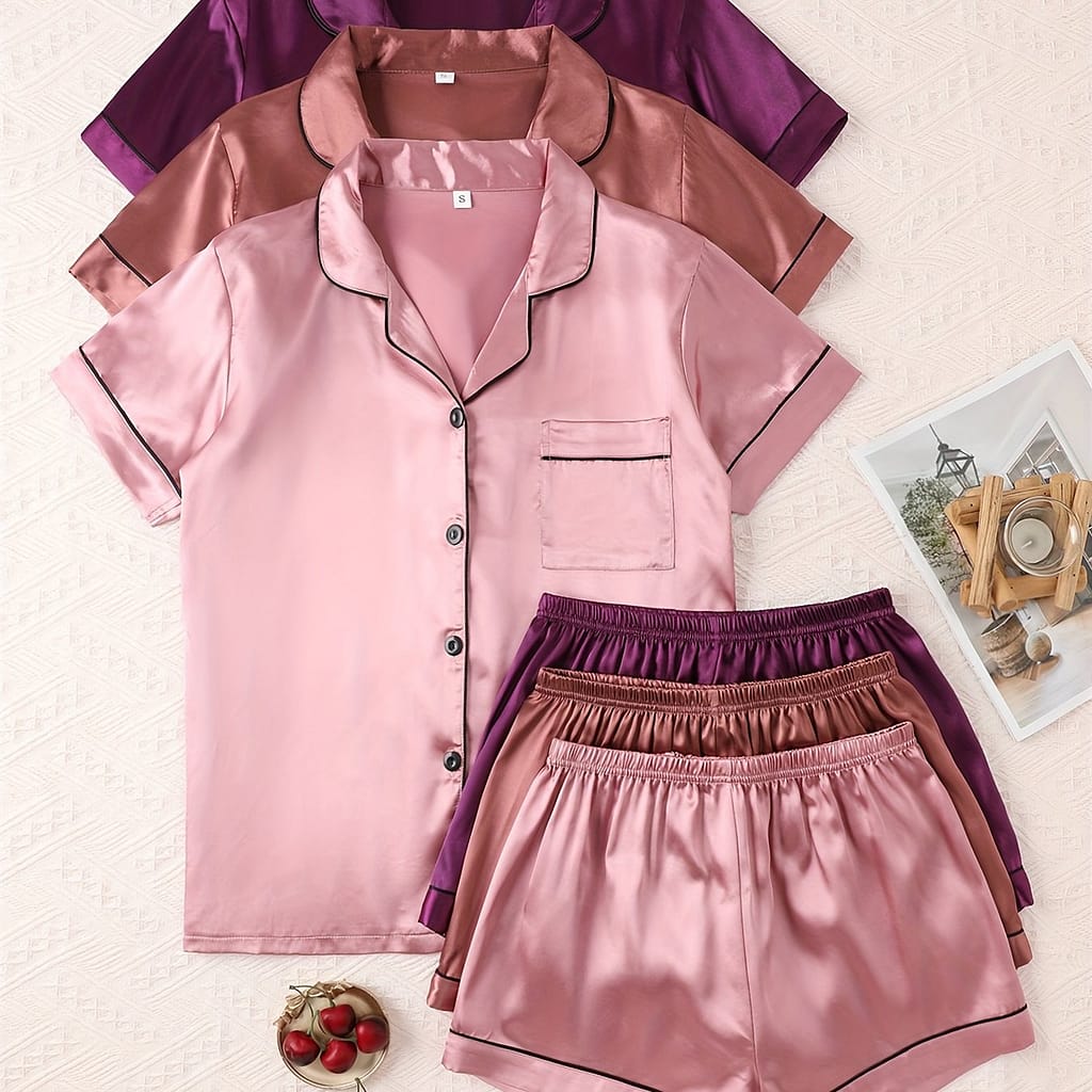 Solid Color Satin Pajamas, Multi-set Combination Package. Comfortable Button Short-sleeve Top And Comfortable Shorts Pajama Set. Women’s Pajamas And Casual Wear Clothing Shop Online at Dubai Trades 2
