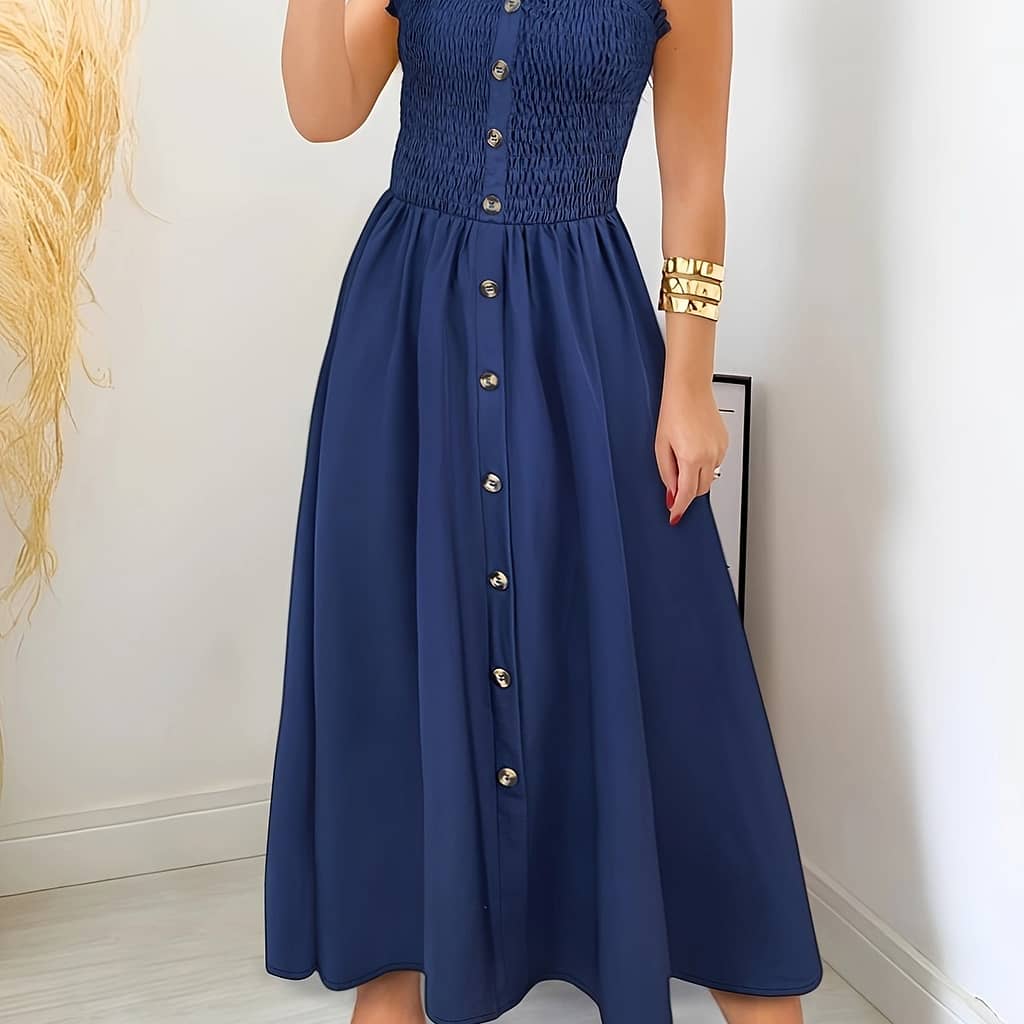 Solid Color Shirred Bust Dress, Button Decor A-line Dress For , Women’s Clothing Clothing Shop Online at Dubai Trades 2