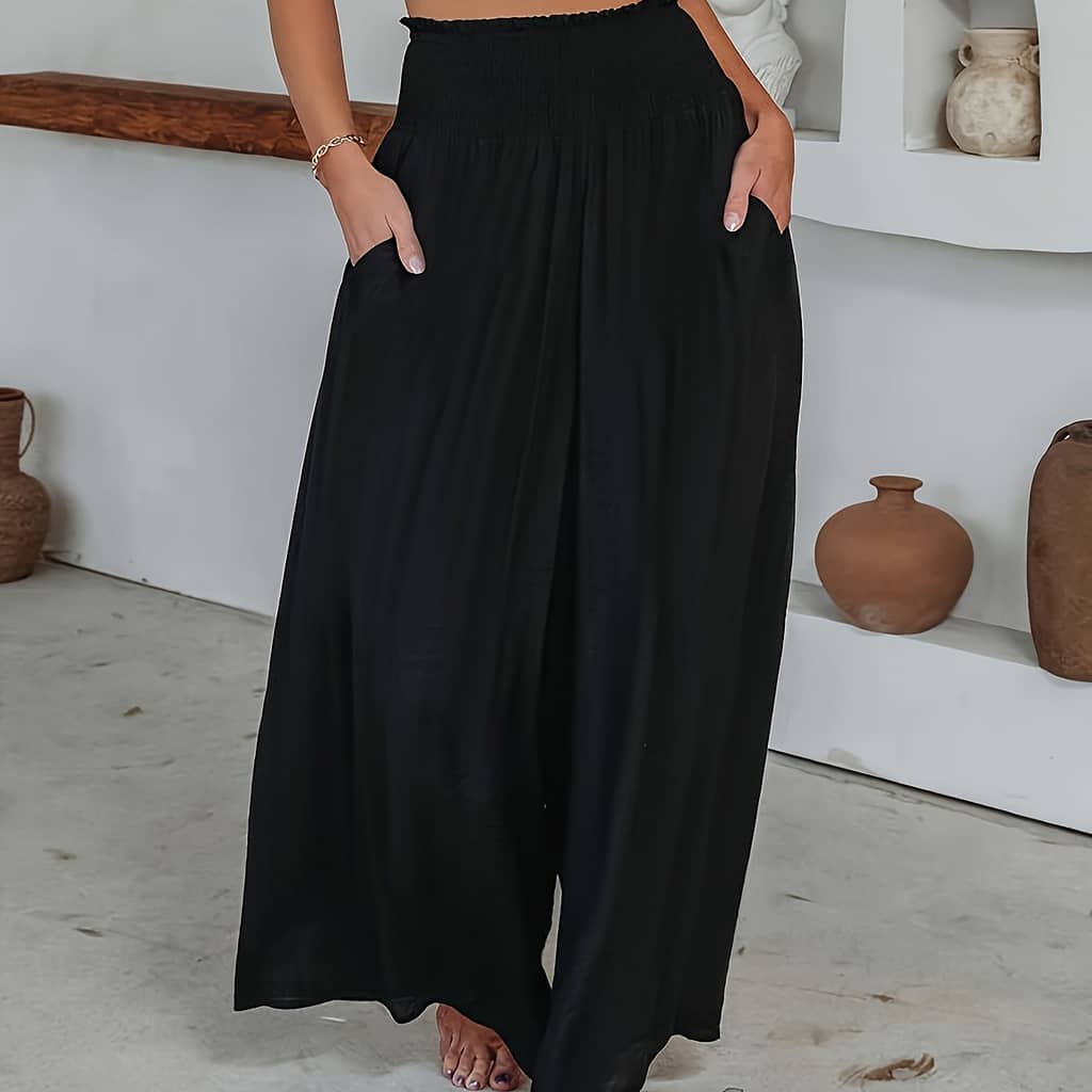 Solid Color Slant Pockets Pants, Casual Shirred Loose Wide Leg Pants For , Women’s Clothing Clothing Shop Online at Dubai Trades 2