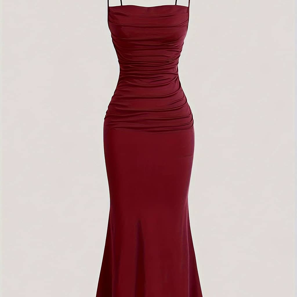 Solid Color Spaghetti Strap Dress, Sexy Sleeveless Ruched Front Mermaid Hem Dress For , Women’s Clothing Clothing Shop Online at Dubai Trades 2