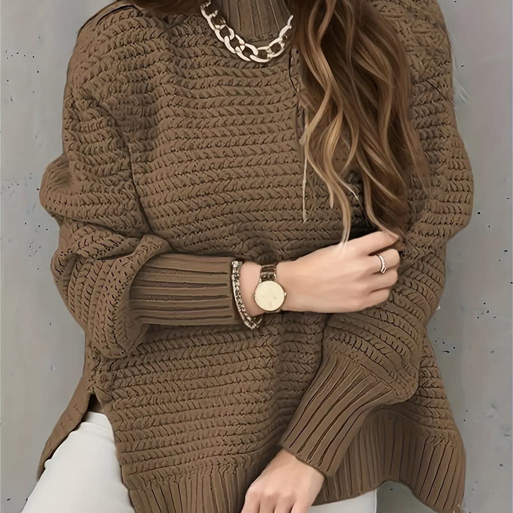 Solid Color Stand Neck Pullover Sweater, Elegant Side Split Long Sleeve Knitted Sweater For Fall & Winter, Women’s Clothing Clothing Shop Online at Dubai Trades 2