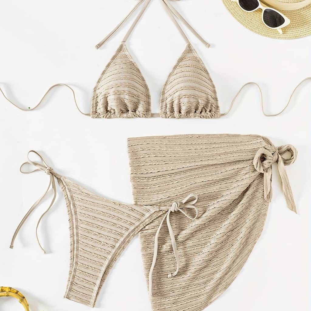 Solid Color Triangle Cup Suspender Low Waist Pants With Side Tie Blouse With Side Knot Special Fabric 3 Piece Bikini Set Bikinis Shop Online at Dubai Trades 2