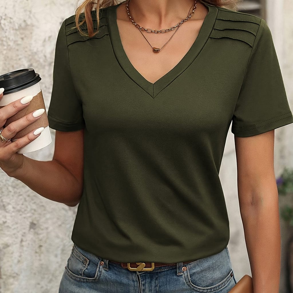 Solid Color V Neck T-shirt, Casual Short Sleeve T-shirt For , Women’s Clothing Clothing Shop Online at Dubai Trades 2