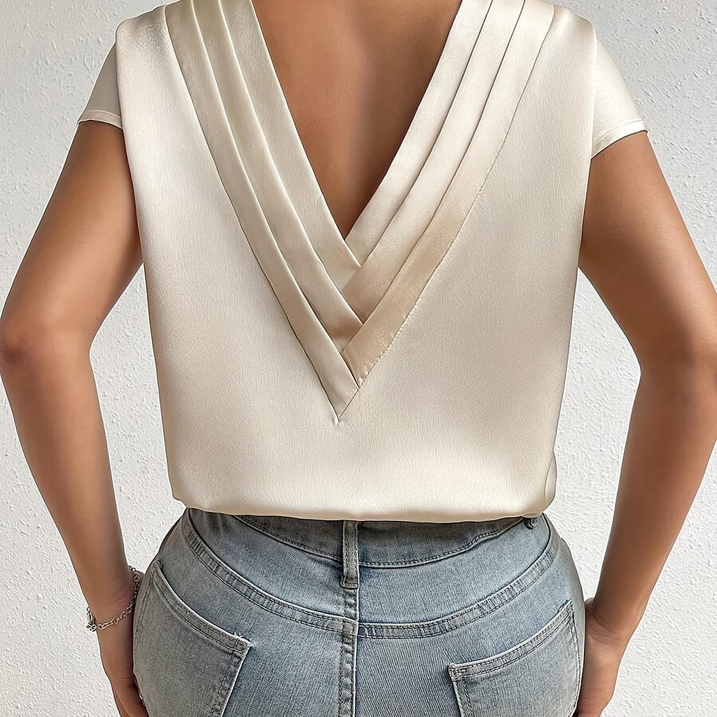 Solid Color V-neck Loose Blouse, Elegant Short Sleeve Blouse For , Women’s Clothing Blouses Shop Online at Dubai Trades 2