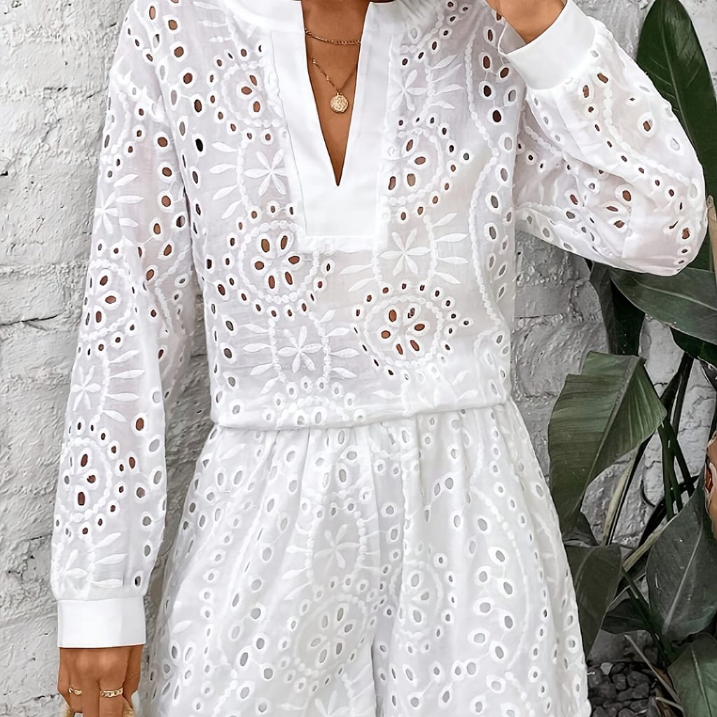 Solid Eyelet Elegant Shorts Set, Long Sleeve Notched Neck Blouse & High Waist Loose Shorts Outfits, Women’s Clothing Clothing Shop Online at Dubai Trades 2