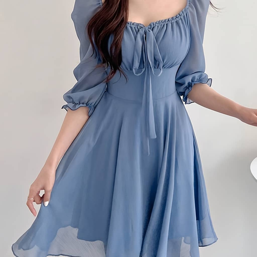 Solid Neck Dress, Elegant Short Sleeve Tie Waist A-line Flowy Dress For , Women’s Clothing Clothing Shop Online at Dubai Trades 2