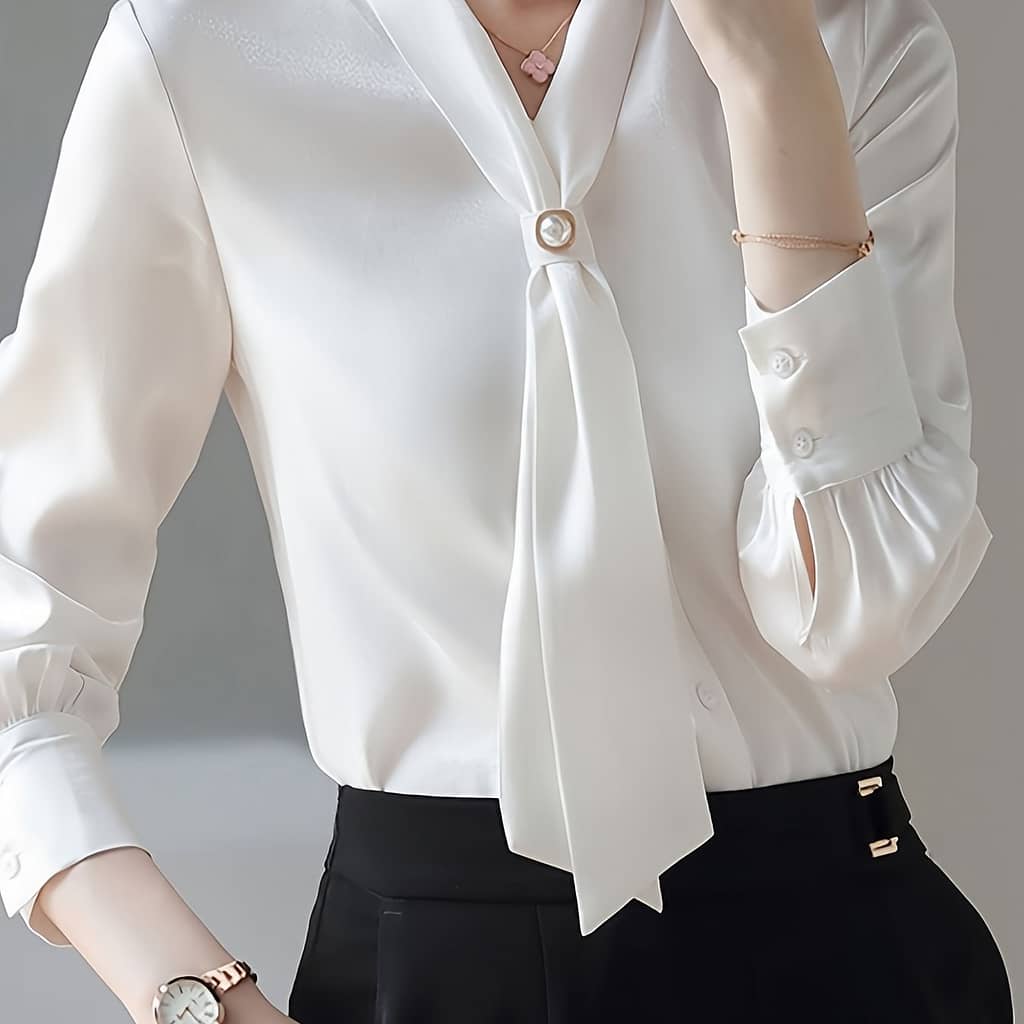 Solid Tie Decor Beaded V-neck Blouse, Elegant Long Sleeve Blouse For Spring & Fall, Women’s Clothing Blouses Shop Online at Dubai Trades 2