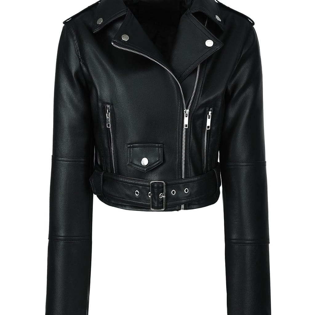 Solid Zipper Front Leather Crop Jacket, Casual Long Sleeve Lightweight Jacket For Fall & Spring, Women’s Clothing Casual Jackets Shop Online at Dubai Trades 2