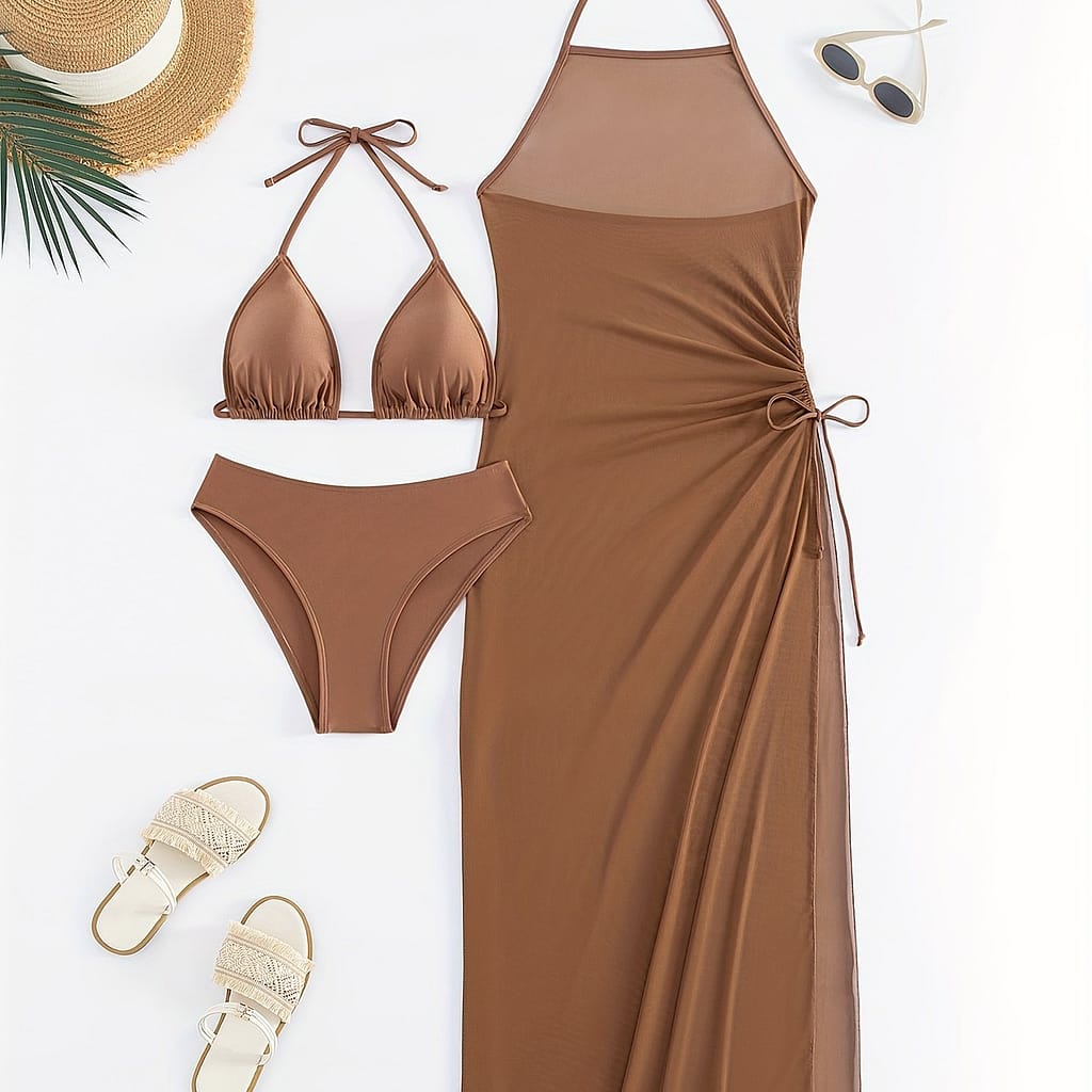 Split Swimwear Solid Color Bikini With Laces And Side Drawstring Dress 3 Piece Set Bikinis Shop Online at Dubai Trades 2