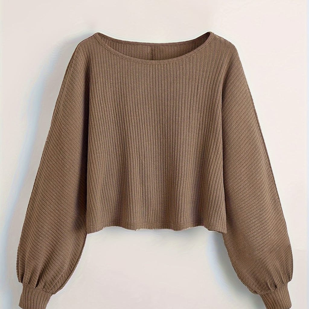 Spring New European And Casual Khaki Brown Loose Elastic Women’s Knitted Short Round Neck Long Sleeve T-shirt Clothing Shop Online at Dubai Trades 2
