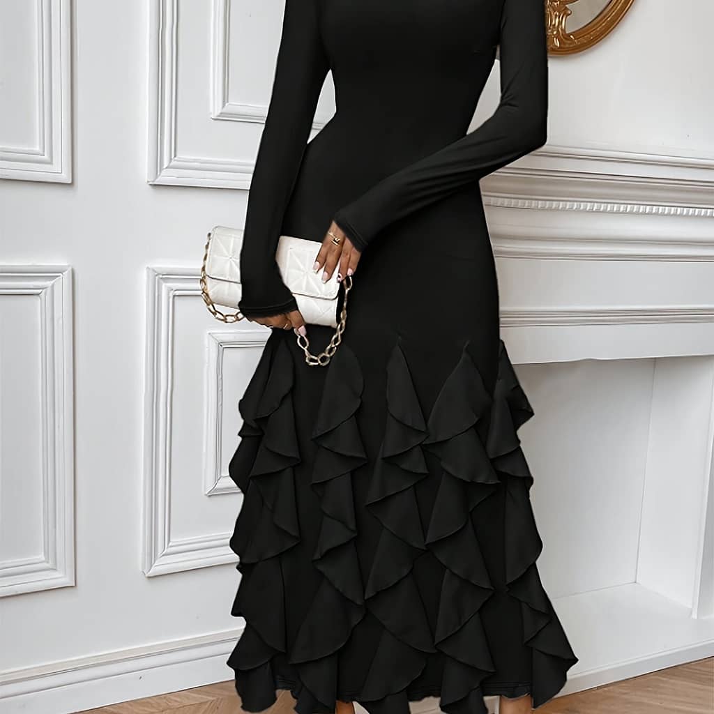 Square Neck Ruffle Trim Dress, Elegant Long Sleeve Slim Solid Color Dress For Spring & Fall, Women’s Clothing Clothing Shop Online at Dubai Trades 2