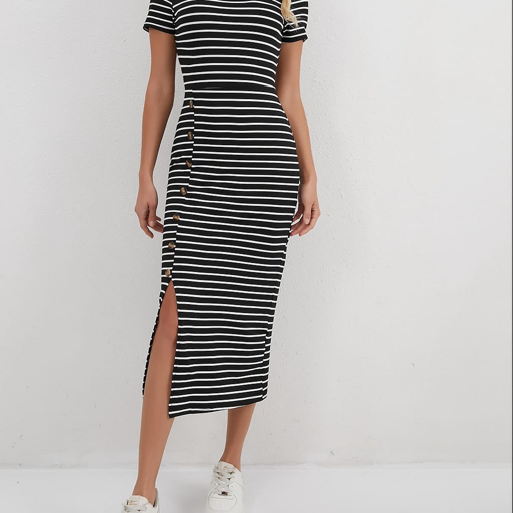 Striped Button Front Dress, Leisure Crew Neck Short Sleeve Bodycon Dress For , Women’s Clothing Clothing Shop Online at Dubai Trades 2