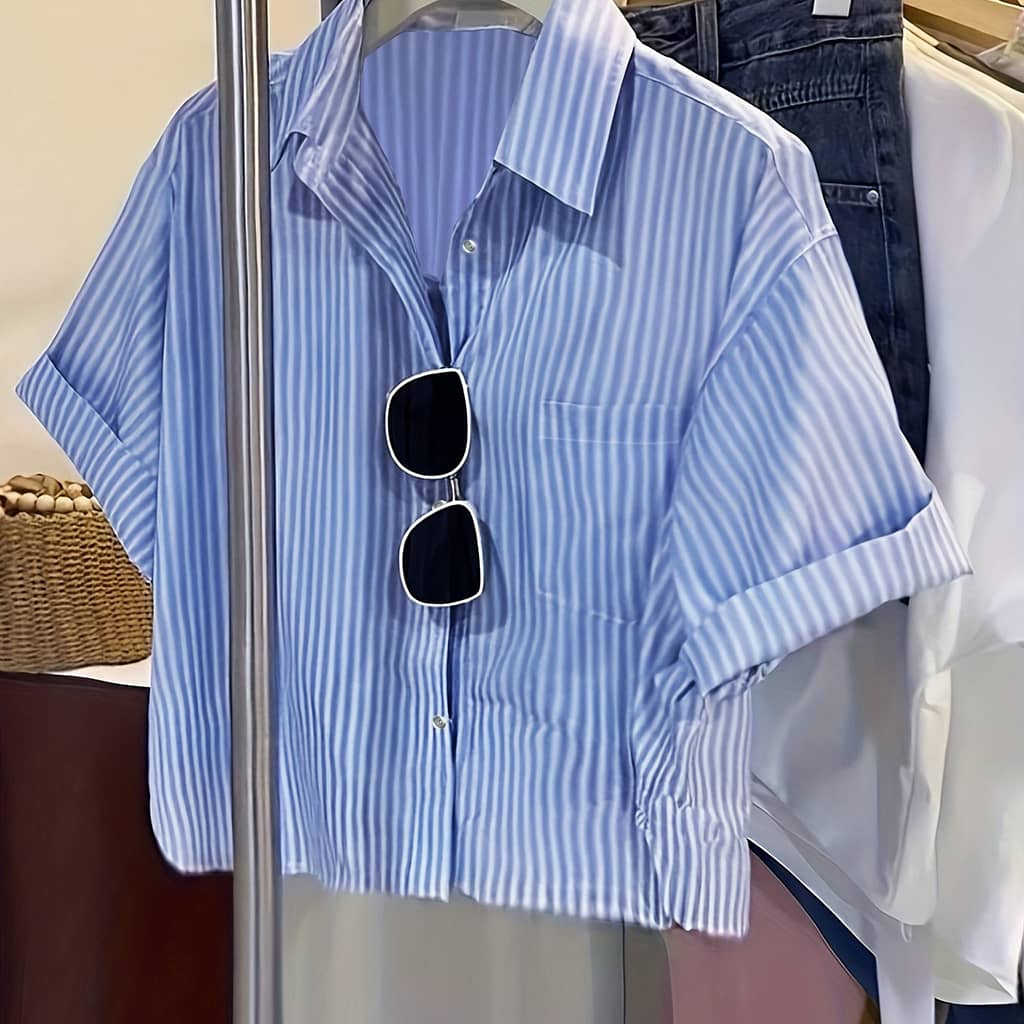 Striped Button Up Shirt, Casual Short Sleeve Crop Shirt For , Women’s Clothing Blouses Shop Online at Dubai Trades 2