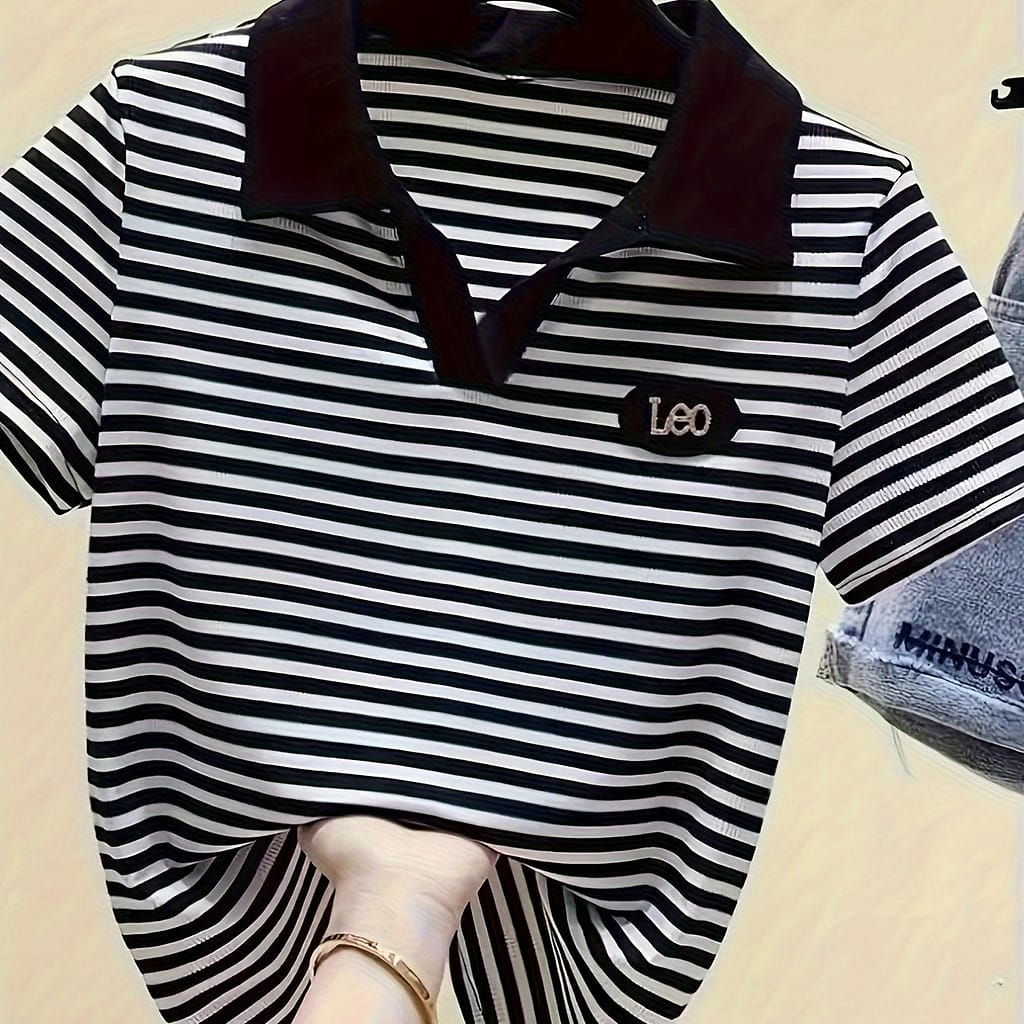 Striped Collared T-shirt, Casual Short Sleeve Top For , Women’s Clothing Clothing Shop Online at Dubai Trades 2
