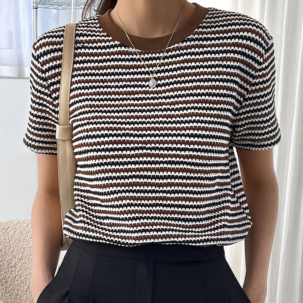 Striped Neck T-shirt, Casual Short Sleeve T-shirt For , Women’s Clothing Clothing Shop Online at Dubai Trades 2