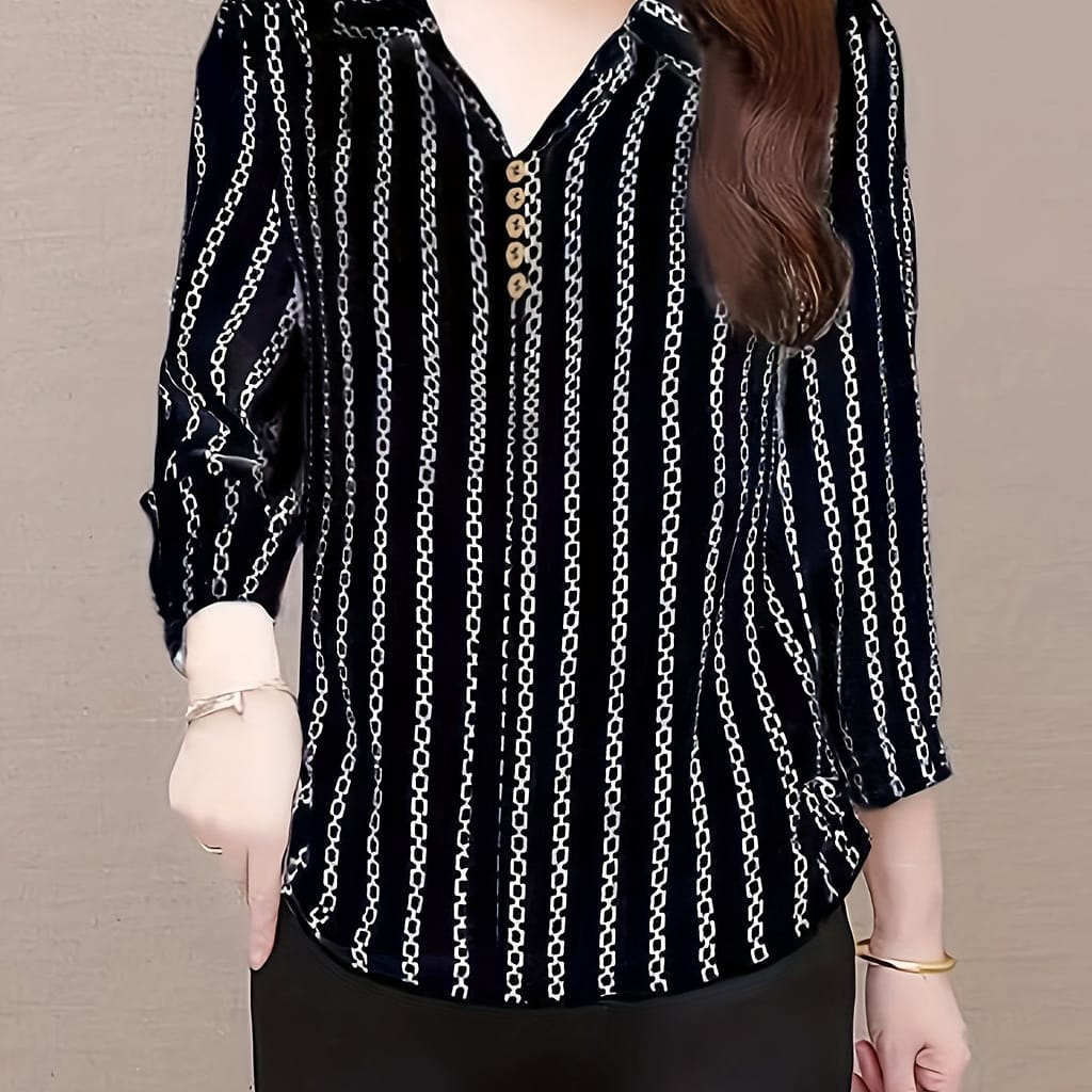 Striped Pattern Collared Button Blouse, Casual 3/4 Sleeve Blouse For Spring & Fall, Women’s Clothing Blouses Shop Online at Dubai Trades 2