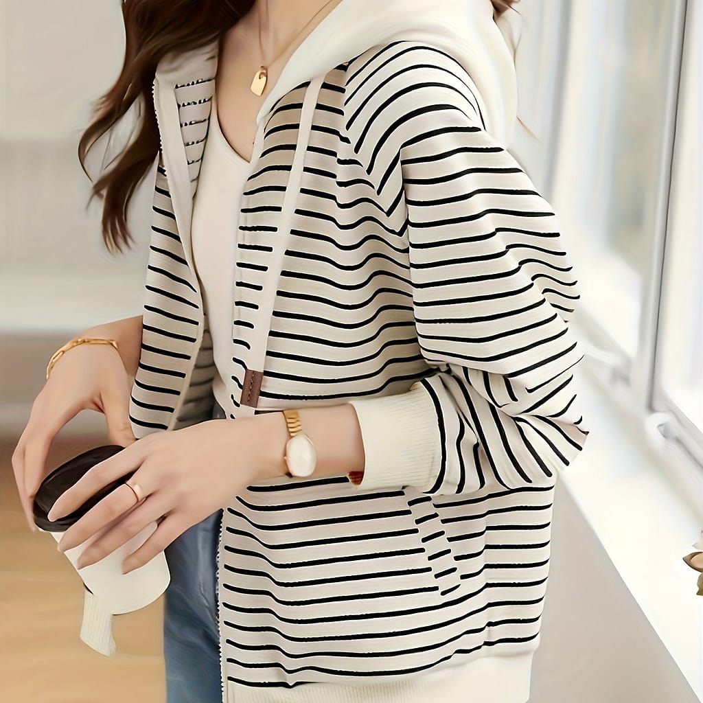 Striped Pattern Full Zip Jacket, Casual Long Sleeve Slant Pocket Hooded Jacket For Fall, Women’s Clothing Casual Jackets Shop Online at Dubai Trades 2