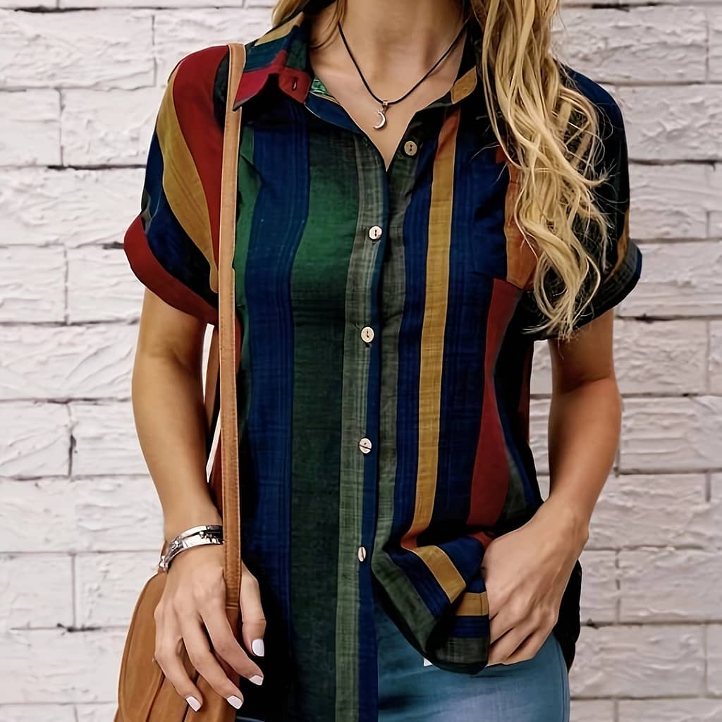 Striped Print Button Front Blouse, Vintage Short Sleeve Blouse For , Women’s Clothing Blouses Shop Online at Dubai Trades 2