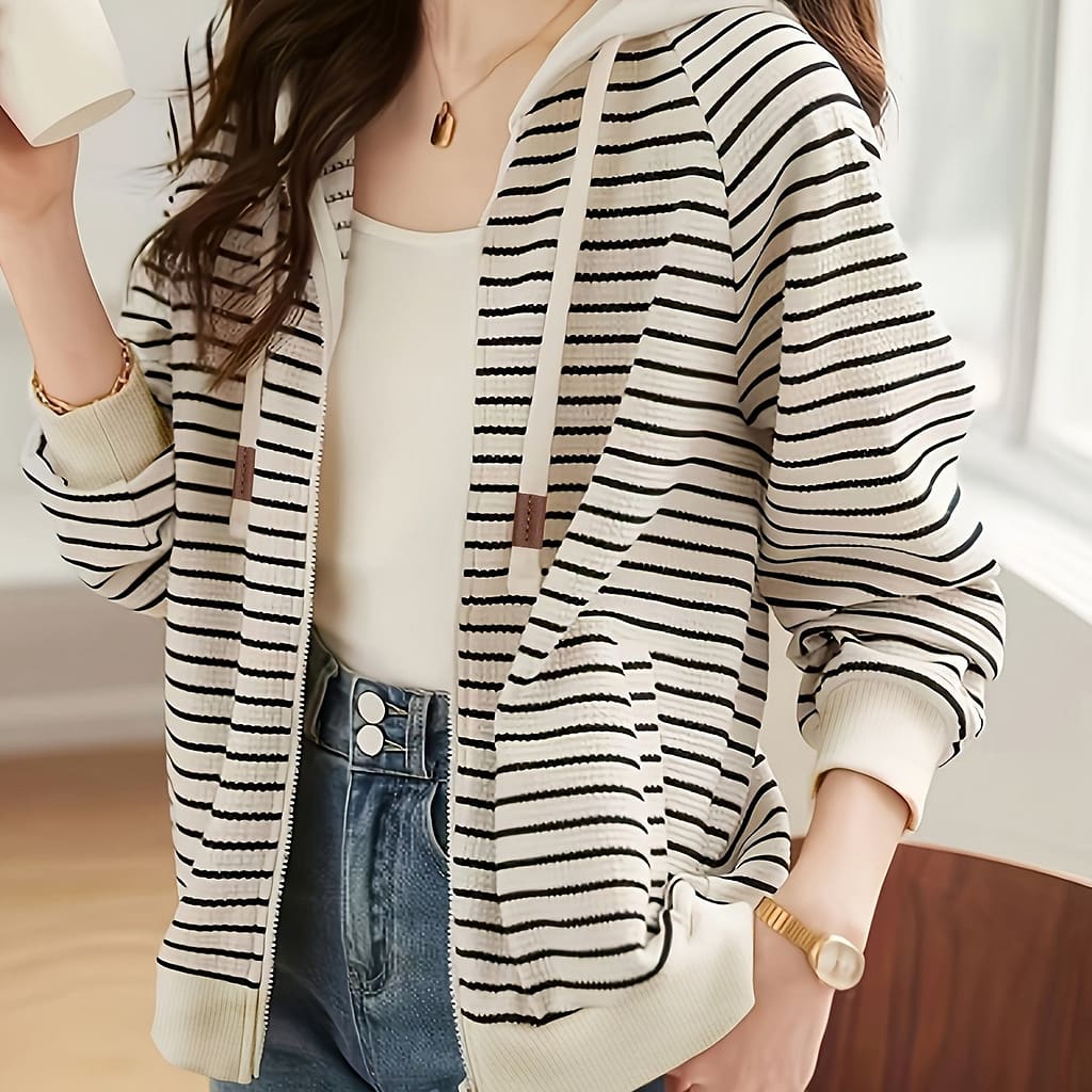 Striped Print Hooded Jacket, Casual Drawtring Zip Up Long Sleeve Outerwear, Women’s Clothing Casual Jackets Shop Online at Dubai Trades 2