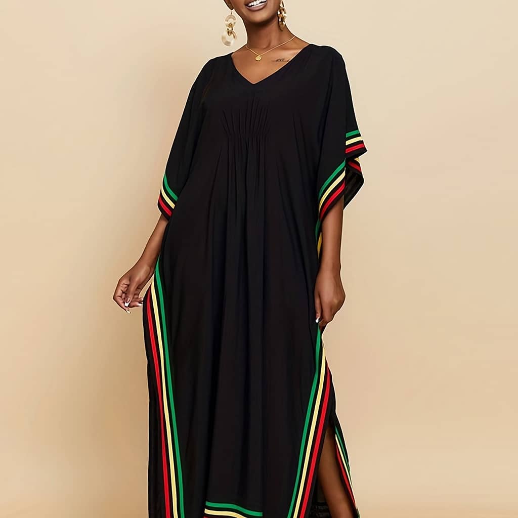 Striped Print V Neck Batwing Sleeve Cover Up Dress, Side Split Loose Fit Black Elegant Beach Kaftan, Women’s Swimwear & Clothing For Holiday Clothing Shop Online at Dubai Trades 2