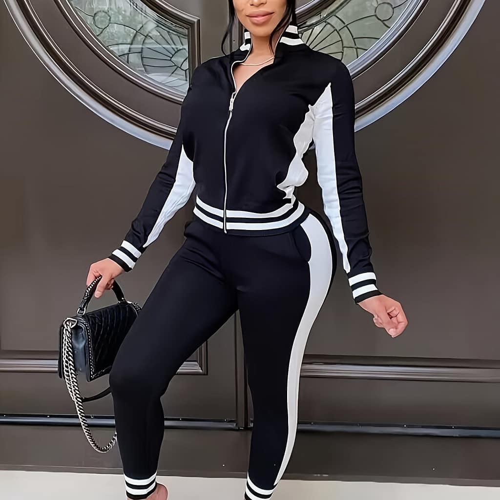 Striped Two-piece Set, Zip Up Long Sleeve Jacket & Long Length Workout Pants Outfits, Women’s Clothing Clothing Shop Online at Dubai Trades 2