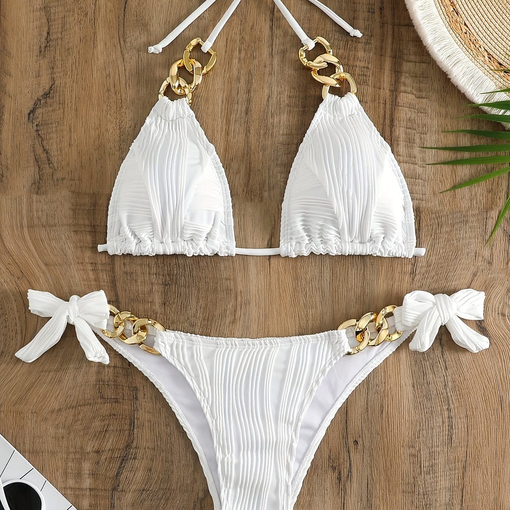 Stripes Ruched Texture Ring Link Halter 2 Piece Set Bikini, Bow Tie Side Triangle Halter Tie Neck Stretchy Swimsuit For Beach Pool Bathing, Women’s Swimwear & Clothing Bikinis Shop Online at Dubai Trades 2