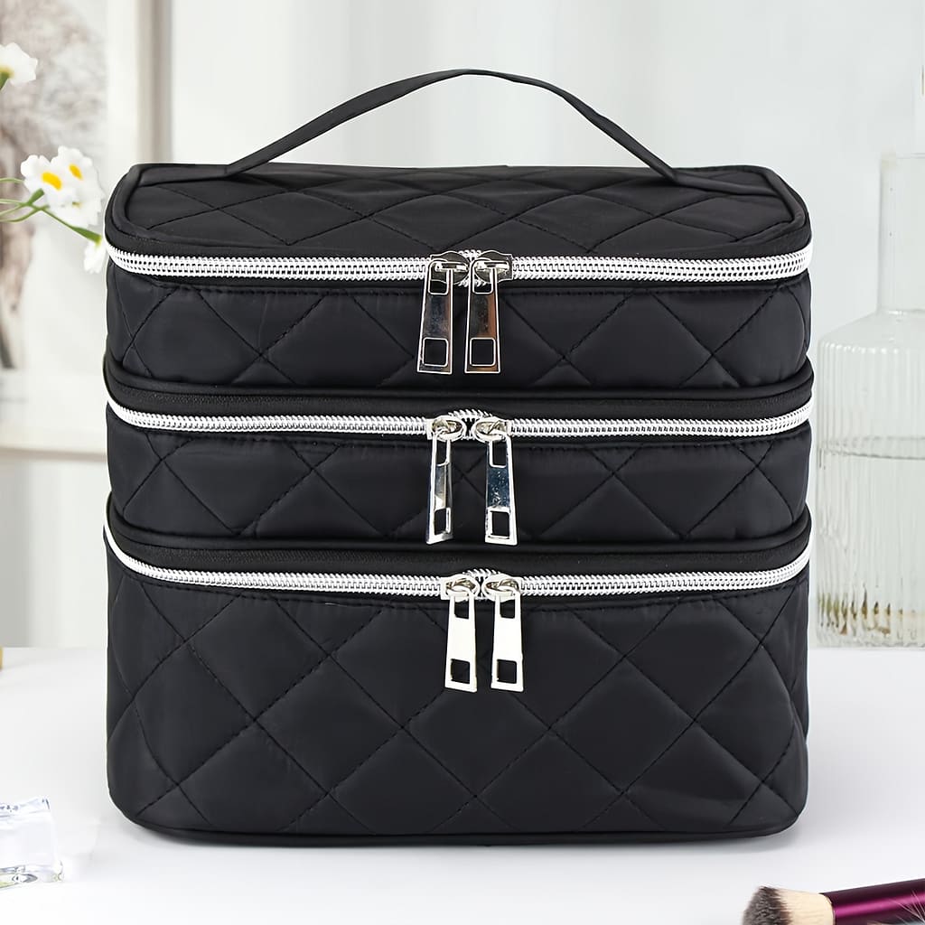 Stylish And Lightweight Large-capacity Black Grid Diamond Grid Cosmetic Bag With 3 , Double And Storage Bag, Portable Handbag Suitable For Home And Travel Use Bags & Cases Shop Online at Dubai Trades 2