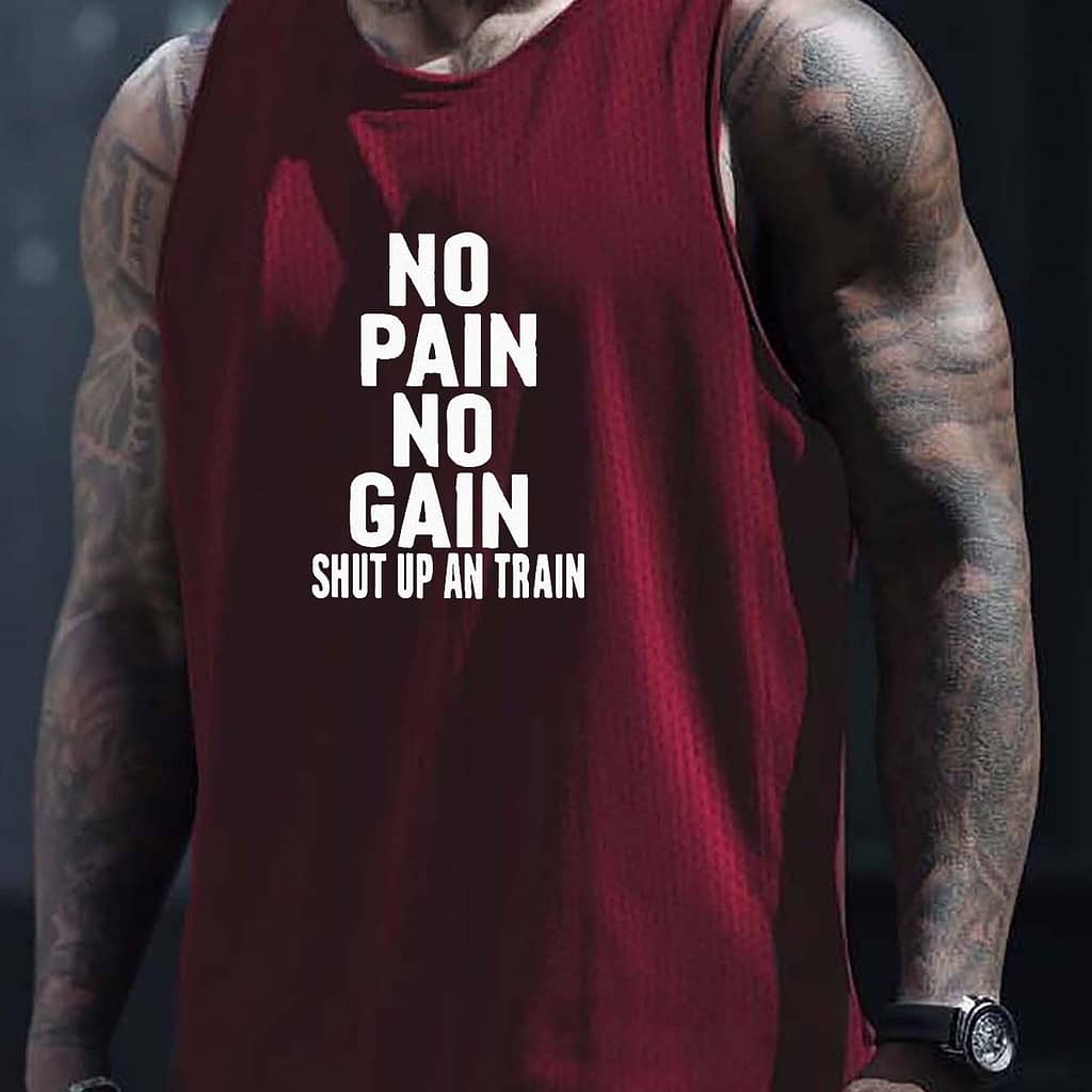 Stylish Slogan No Pain No Gain Print Men’s A Shirts, Casual Breathable Comfy Sleeveless Tank Tops, Quick Drying Sports Vest, Men’s Summer Clothes Outfits Clothing Shop Online at Dubai Trades 2