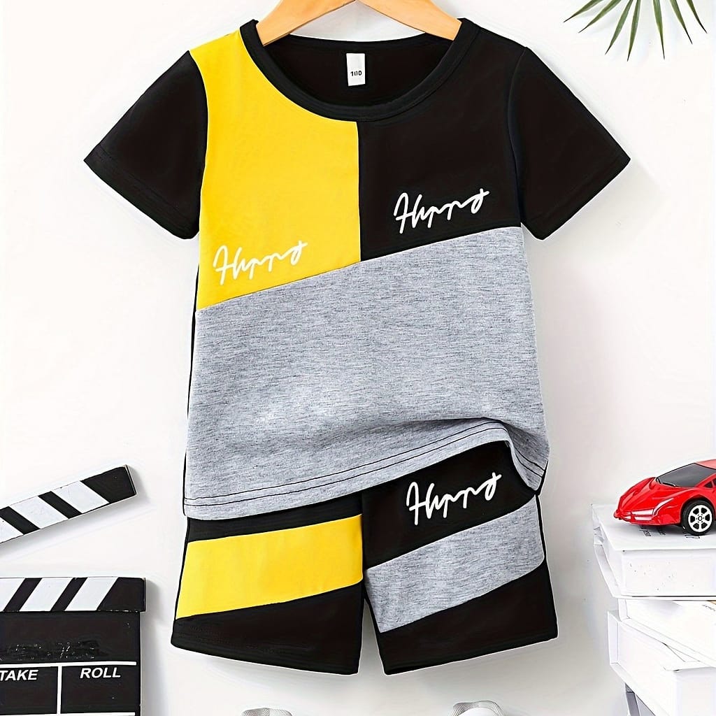 Summer Men”-piece Set With Spliced Letters And Printed Short Sleeves And Shorts Boys Shop Online at Dubai Trades 2