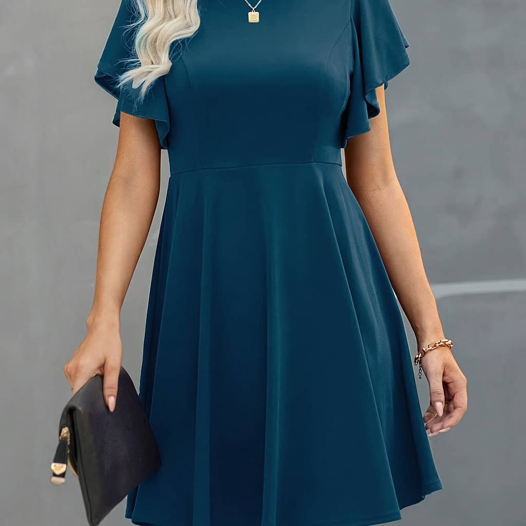 Summer New Solid Color Casual Solid Color Knitted Ruffle Sleeve Dress Clothing Shop Online at Dubai Trades 2