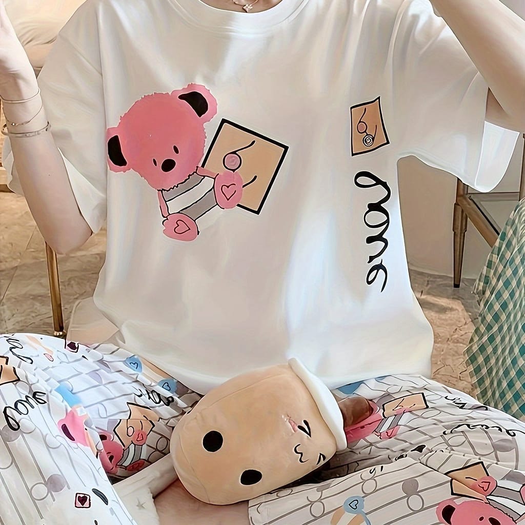 Summer Pajama Set For Women, Cute Cartoon Bear, Mosquito-repellent, Worn Outdoors, Loose And Casual, Two-piece Set Clothing Shop Online at Dubai Trades 2