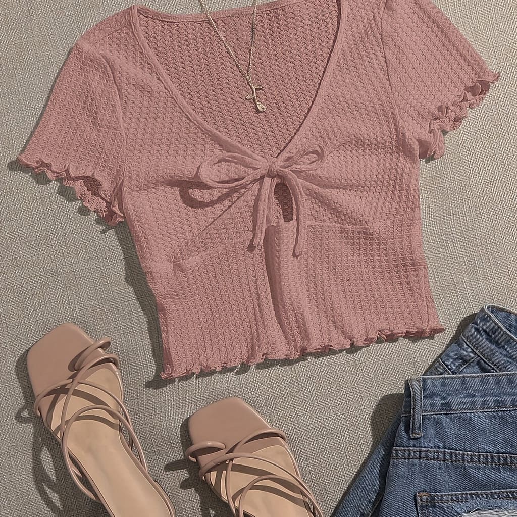 Summer ‘s Day Short Bow Short-sleeved V-neck Shirt Top T-shirt Clothing Shop Online at Dubai Trades 2