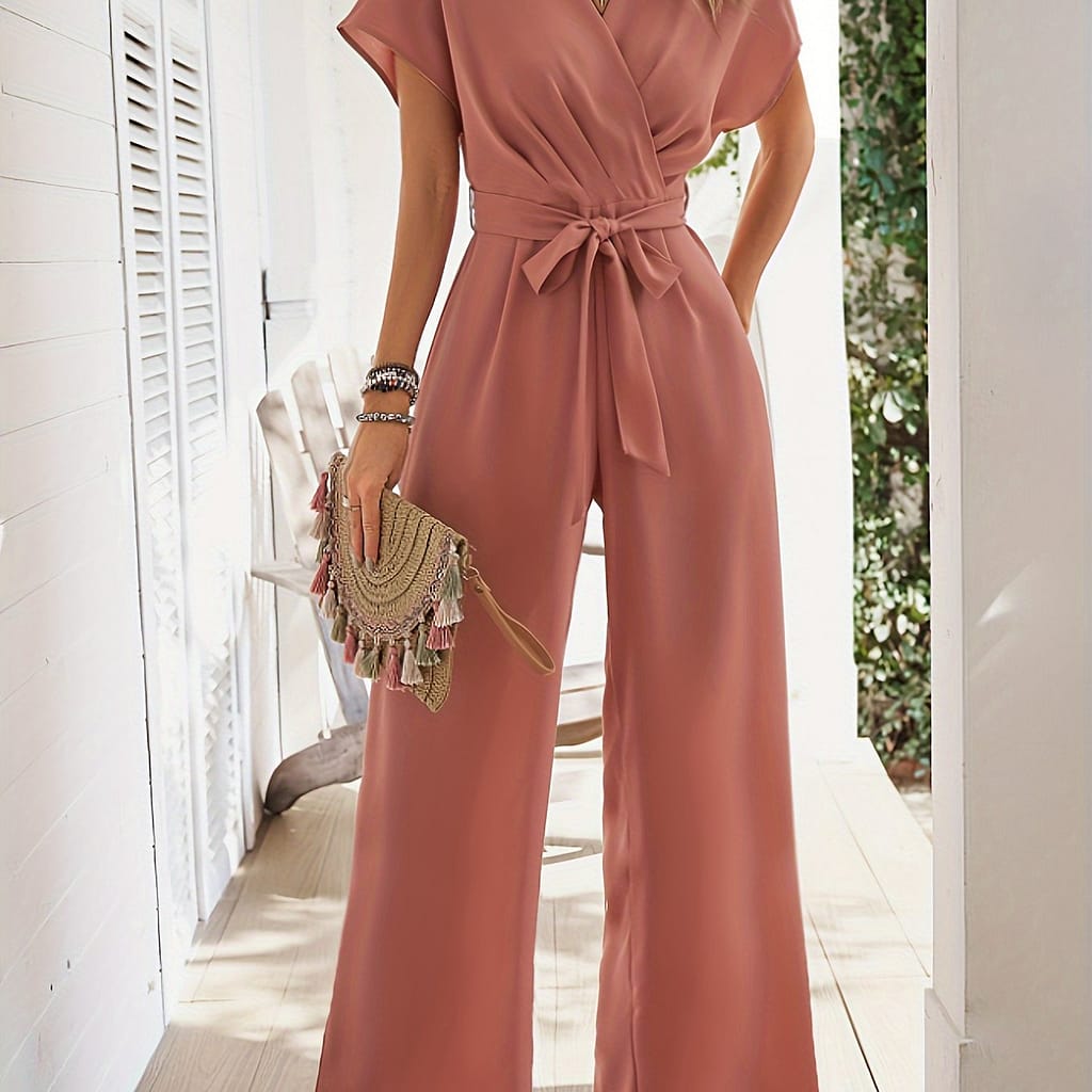 Surplice Neck Short Sleeve Jumpsuit, Elegant Solid Tie Waist Wide Leg Jumpsuit For , Women’s Clothing Clothing Shop Online at Dubai Trades 2