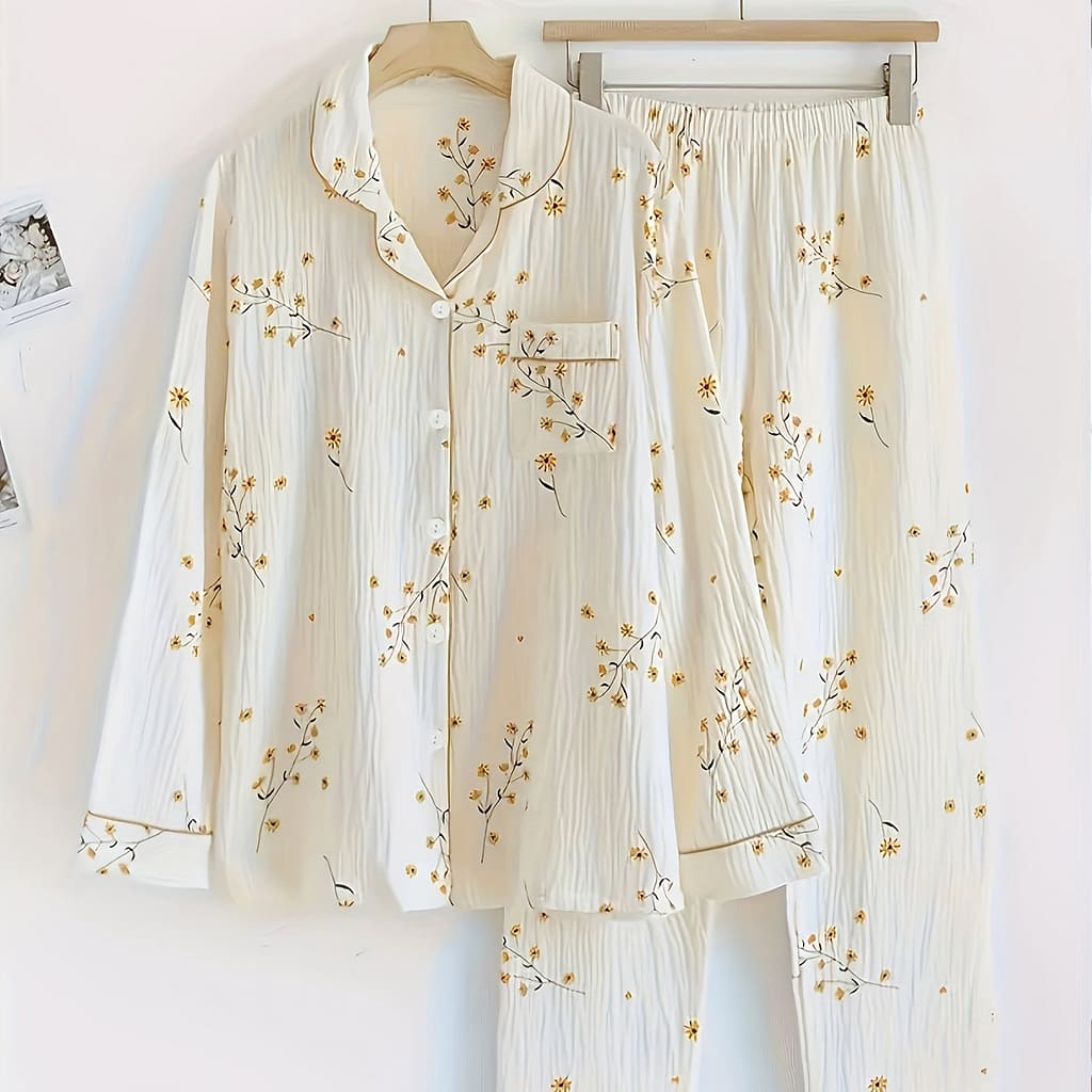 Sweet Floral Print Textured Pajama Set For Fall & Winter, Long Sleeve Button Up Lapel Collar Top & Elastic Pants, Women’s Sleepwear & Loungewear Clothing Shop Online at Dubai Trades 2