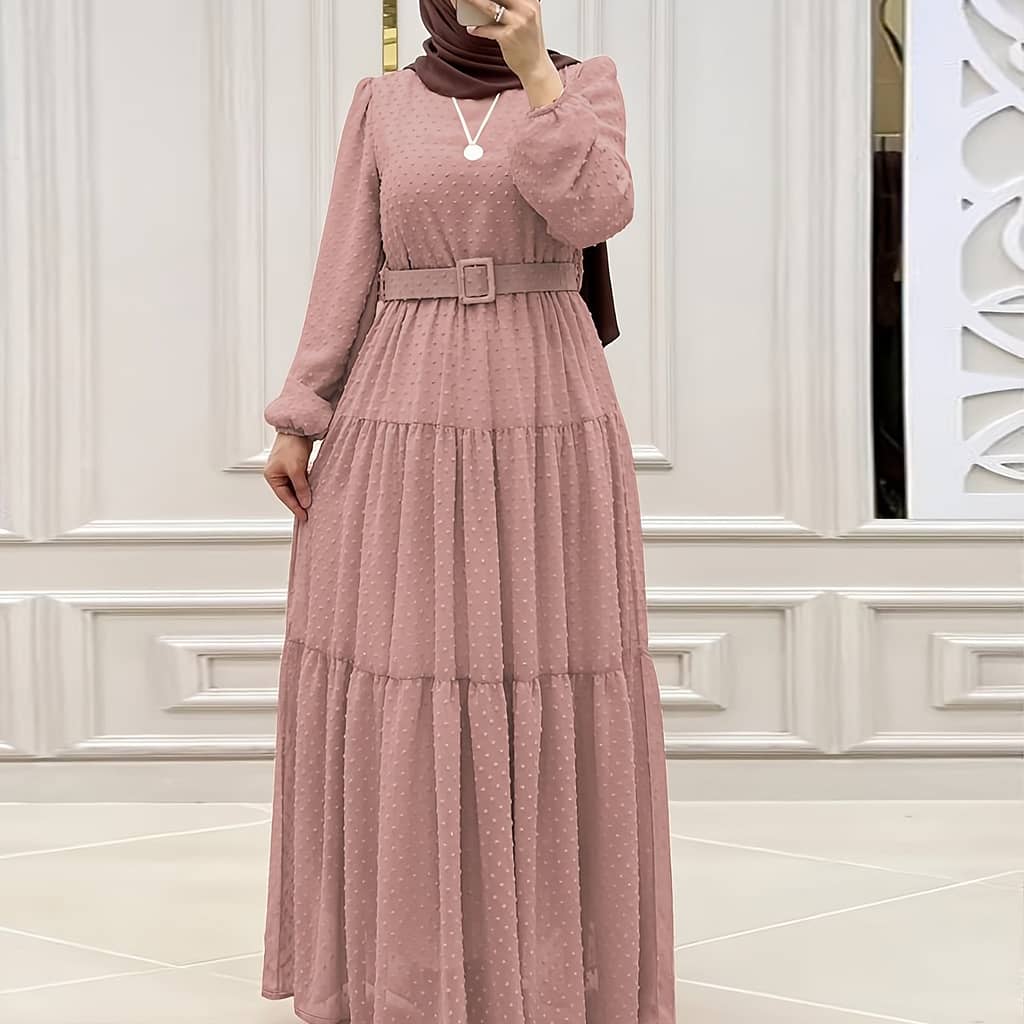 Swiss Dot Plain Color Kaftan Dress, Elegant Long Sleeve Tie Waist Maxi Dress, Women’s Clothing Abayas Shop Online at Dubai Trades 2