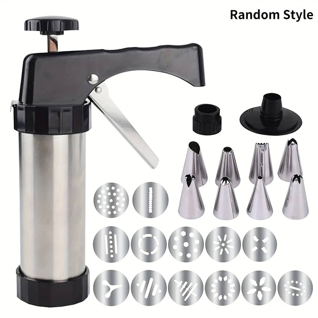 24pcs Set Cookie , Stainless Steel Cookie Press , Baking Mold Featuring 13 Decorative Stencil Discs And 8 Icing Tips, Cookie Maker, Baking Set Biscuit Machine Bakeware Shop Online at Dubai Trades 2