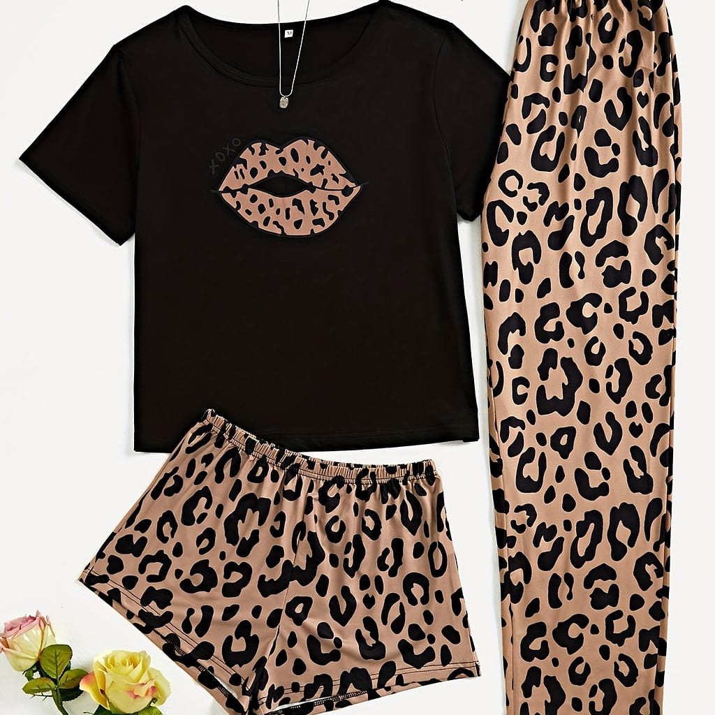 3pcs Lips & Leopard Print Pajama Set, Breathable Short Sleeve Slight Stretch Top + Loose Shorts + Long Pants, Women’s Loungewear & Sleepwear Clothing Shop Online at Dubai Trades 2