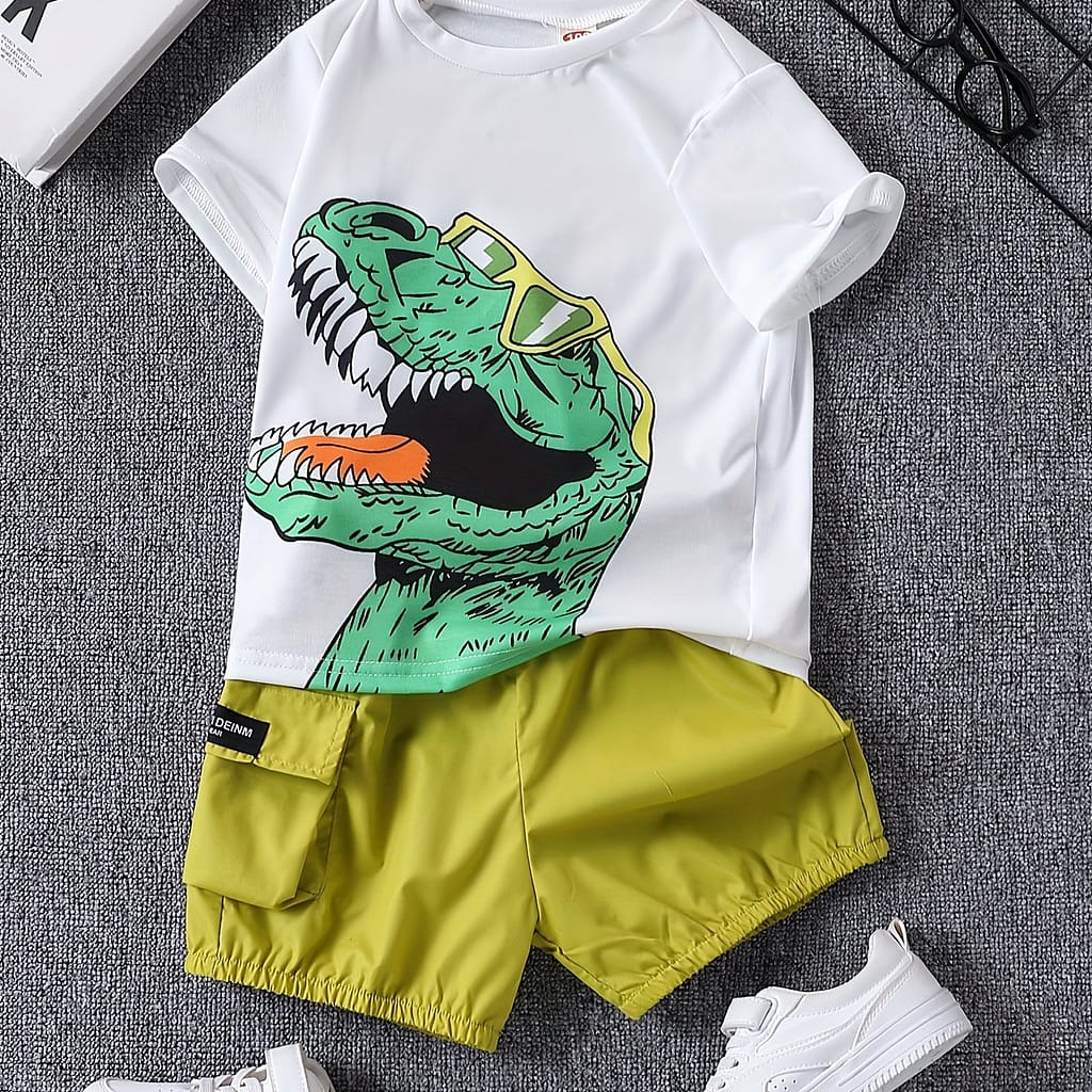 Boys’ Casual Dinosaur Graphic Tee & Cargo Shorts Set – Comfy Polyester Blend, Relaxed Fit With Pockets, Ideal For Spring/summer Wear, Outdoor Boys Shop Online at Dubai Trades 2