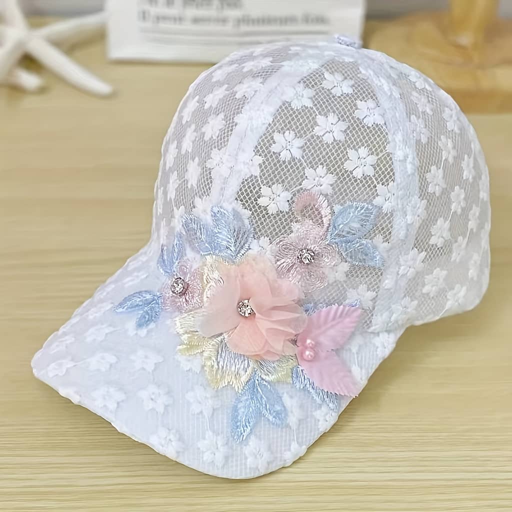 Flower Embroidery Mesh Trucker Hat Pearl Decor Elegant Lace Baseball Cap Breathable Adjustable Sports Hats For Women Accessories Shop Online at Dubai Trades 2