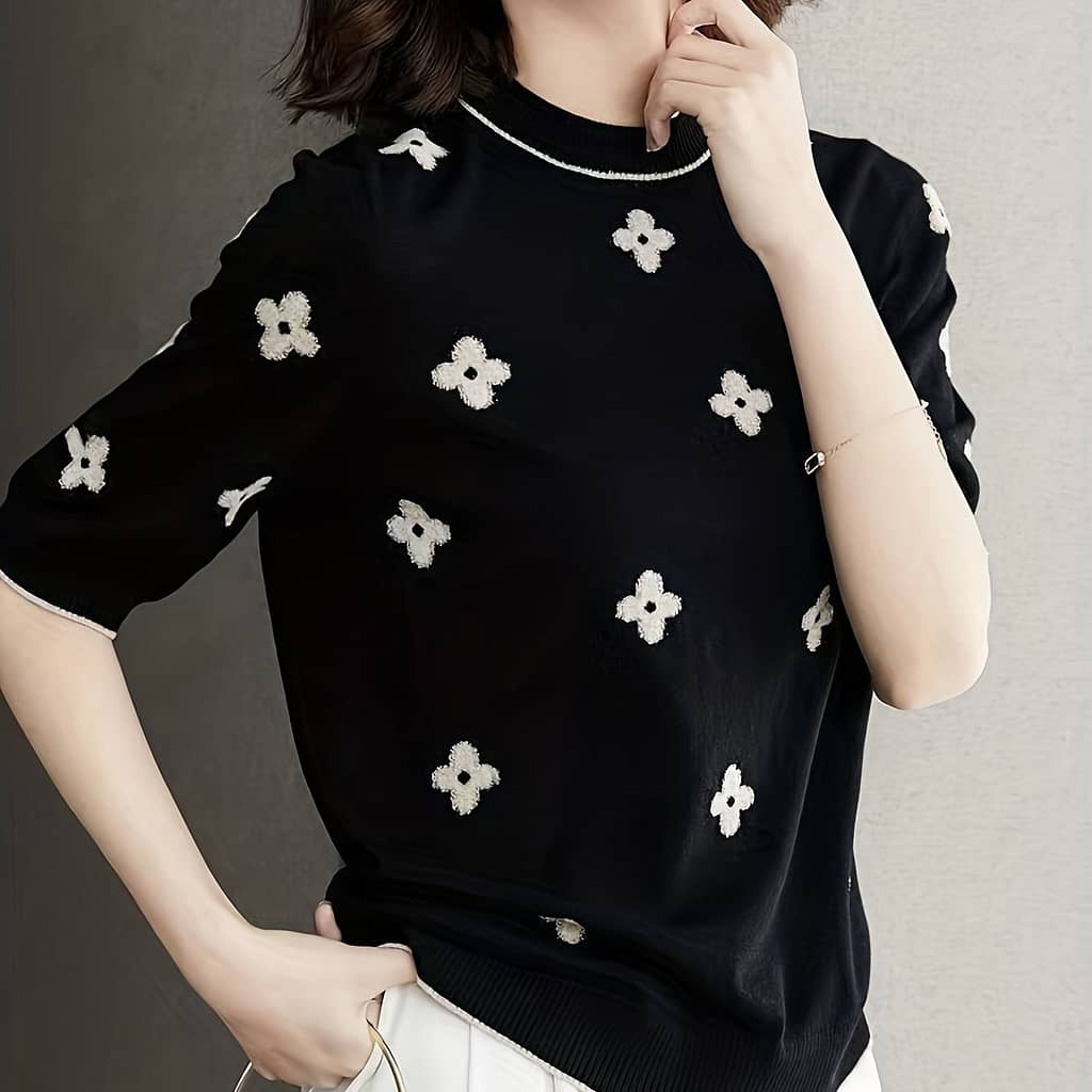 Knitted Floral Round Neck Loose Short Sleeves Clothing Shop Online at Dubai Trades 2