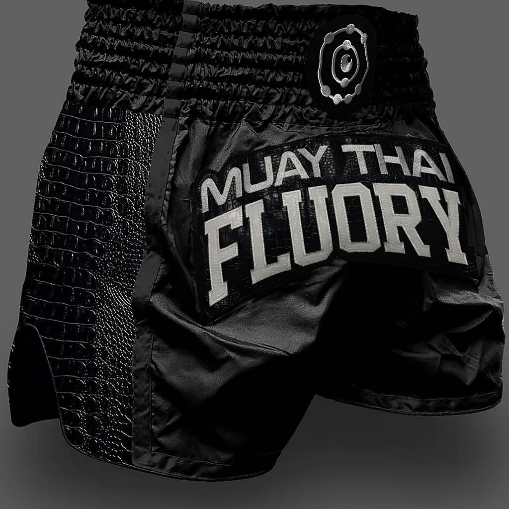 Muay Thai Shorts For Adults – ” Fluory” Design, Black With White Accents, Non-stretch Polyester, Ideal For Boxing & , Hand Washable – Spring/summer Sports Events, Boxing Shorts Boxing Shop Online at Dubai Trades 2