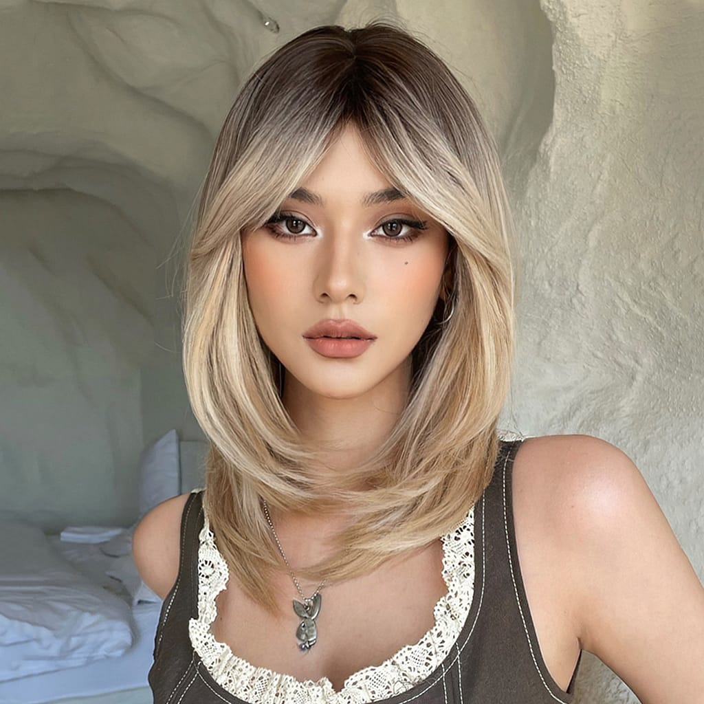 Natural-looking 18 Inch Ombre Bob Wig For Women – Cute Layered Mixed Blonde Synthetic Straight Hair – Any Occasion Beauty & Personal Care Shop Online at Dubai Trades 2