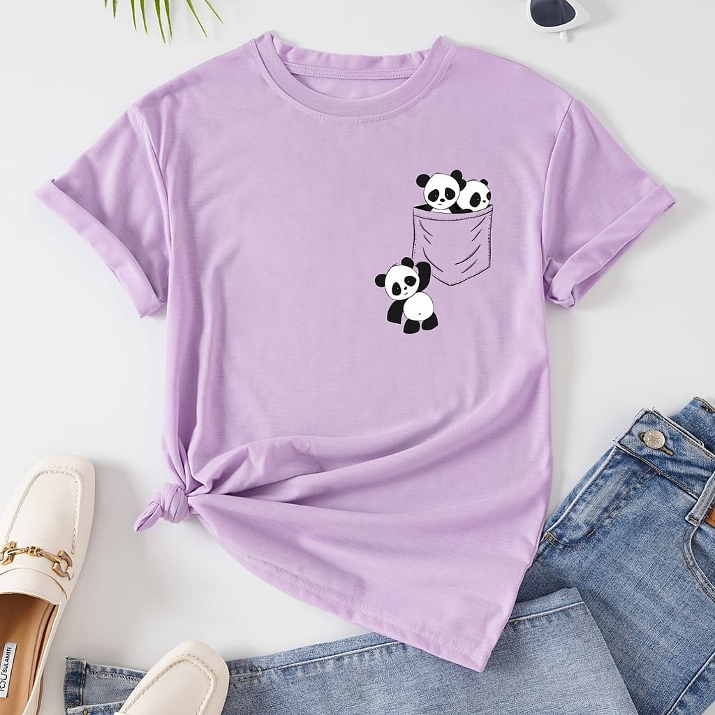Panda Print Crew Neck T-shirt, Cute Short Sleeve T-shirt For , Women’s Clothing Clothing Shop Online at Dubai Trades 2