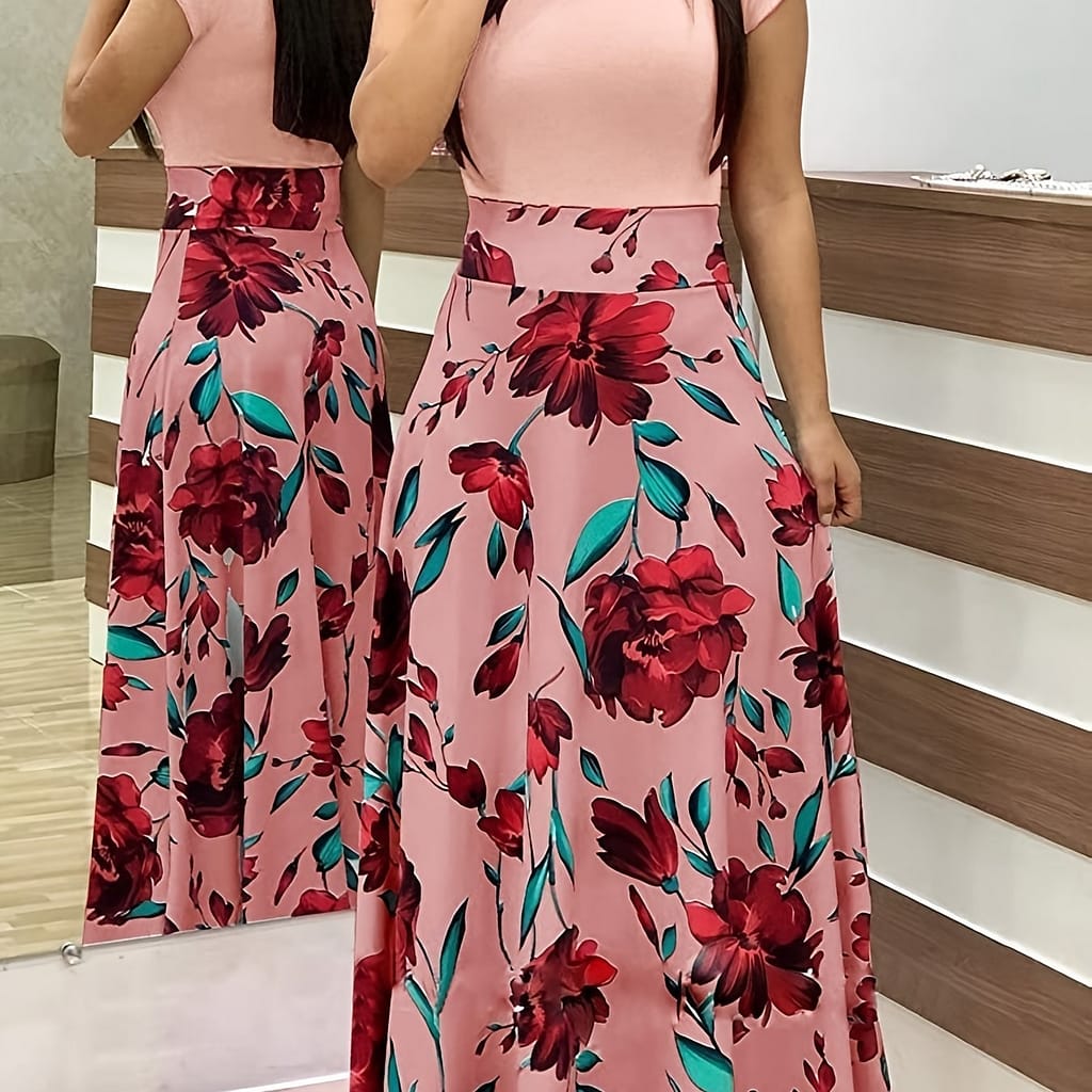 Printed Splicing Crew Neck Dress, Elegant Short Sleeve Slim Waist Pleated Maxi Dress, Women’s Clothing For Elegant Dressing Clothing Shop Online at Dubai Trades 2