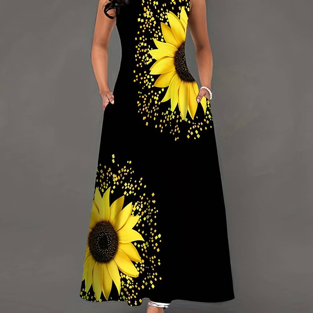 Sunflower Print Keyhole Dress, Casual Crew Neck Sleeveless Maxi Dress With Pocket, Women’s Clothing For Elegant Dressing Clothing Shop Online at Dubai Trades 2