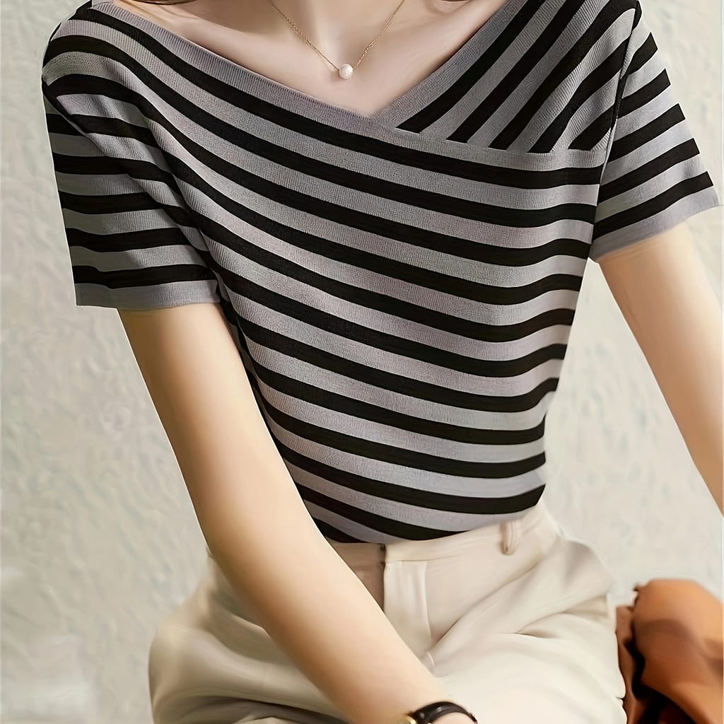 V-neck Striped Knitted Top, Casual Short Sleeve Top For , Women’s Clothing Clothing Shop Online at Dubai Trades 2